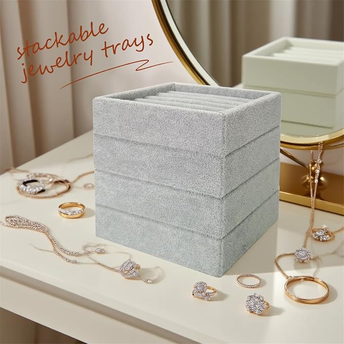 SCIKHETF Velvet Ring Earrings Studs organizer Tray Small Ring Insert Display Tray 5 Slots Stackable (Grey)