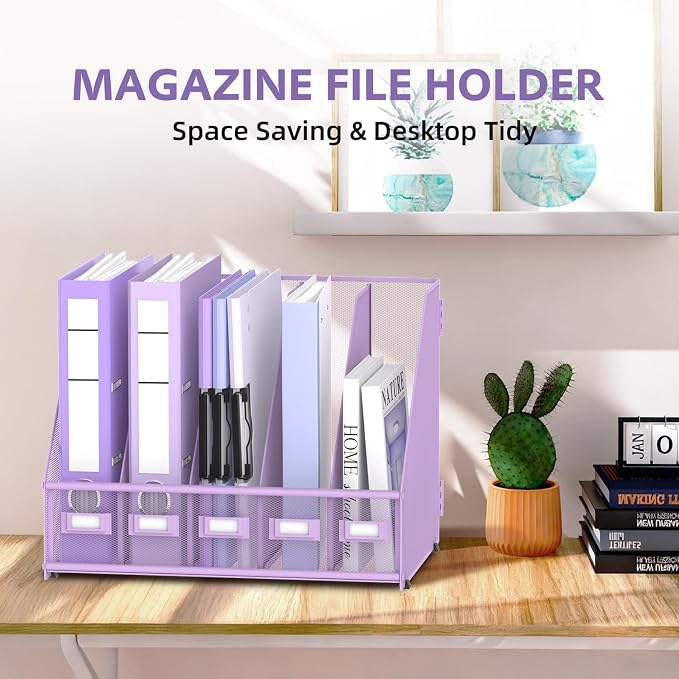 5 Vertical Compartments Magazine Holder, Metal Binder Organizer, Purple | Space-Saving Desktop Storage, Built-In Label Holders, Anti-Slip Feet, Sized for Binders, Folders, Magazines and Files