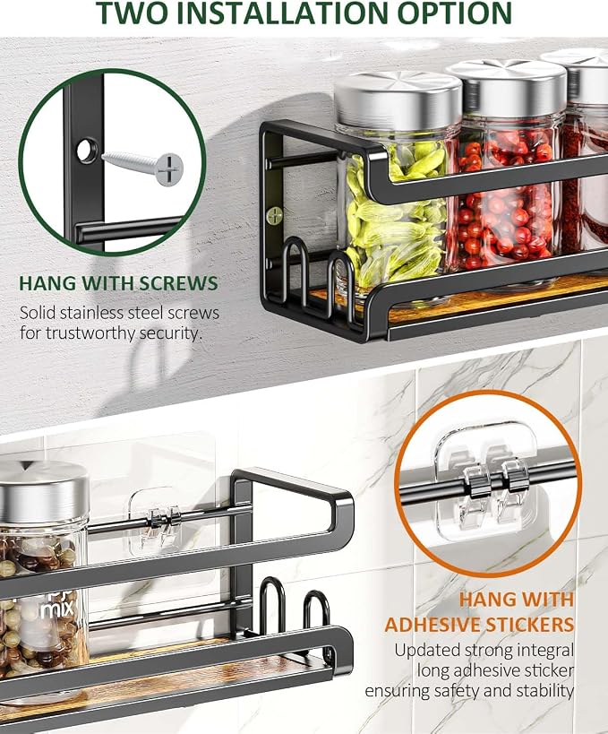 Doakhirmit Wall Mounted Spice Rack,Wooden Spice Holder Black,2 Pack | 8 Hooks,Screw or Adhesive Installation , Hanging Organizer for Stove Cabinet Pantry Door Kitchen and RV Use