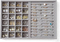 Large Jewelry Organizer for Drawer Insert Velvet Stackable Jewelry Trays for Earring Necklace Bracelet Ring Display (Gray, Ring and 24 Grids)