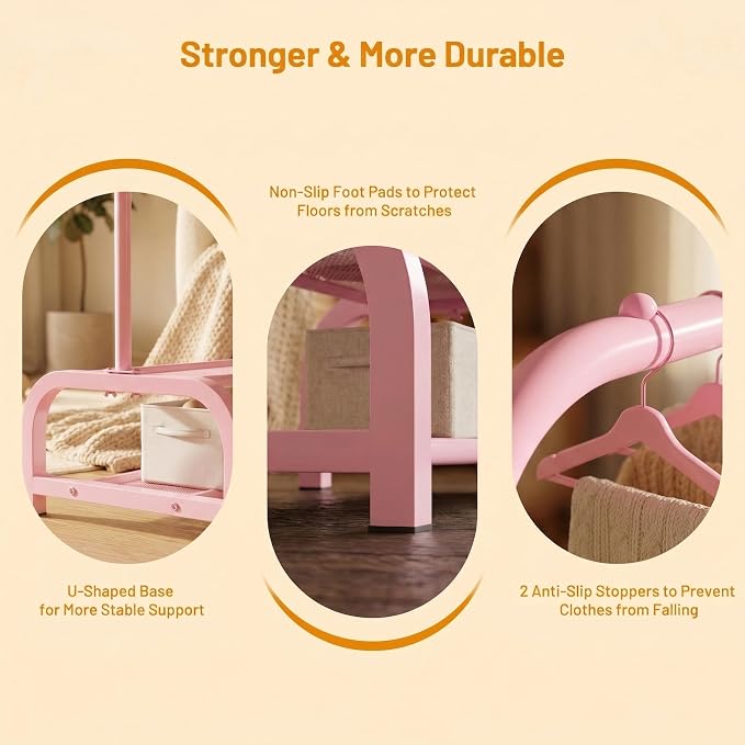 Kids Clothes Rack for Ages 3-6, Montessori Kids Clothing Rack, Pink | Kids Dress Up Rack with 2 Fabric Storage Shelves & Side Hooks, Toddler Wardrobe Rack for Costumes, Princess Dresses and Shoes
