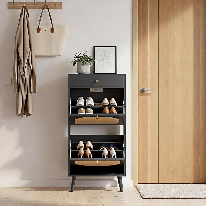 Karl home Black Rattan Shoe Cabinet, 1-Drawer 2-Tilt-Out Entryway Organizer | Hidden Shoe Rack Storage with Rattan Panel for Heels, Slippers and Casual Shoes, Space Saving Entryway Storage Furniture
