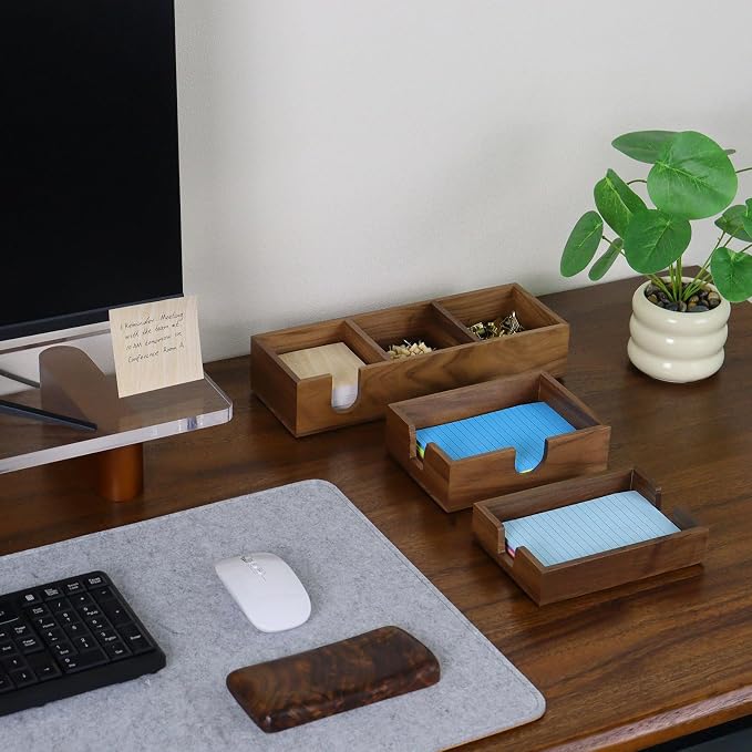 Buqoo 4x6 Walnut Wood Notepad Holder Sticky Notes Memo Pad Dispenser | Large walnut wood notepad holder with U-shaped opening, fits 4x6 sticky notes and keeps desk organized with natural style.