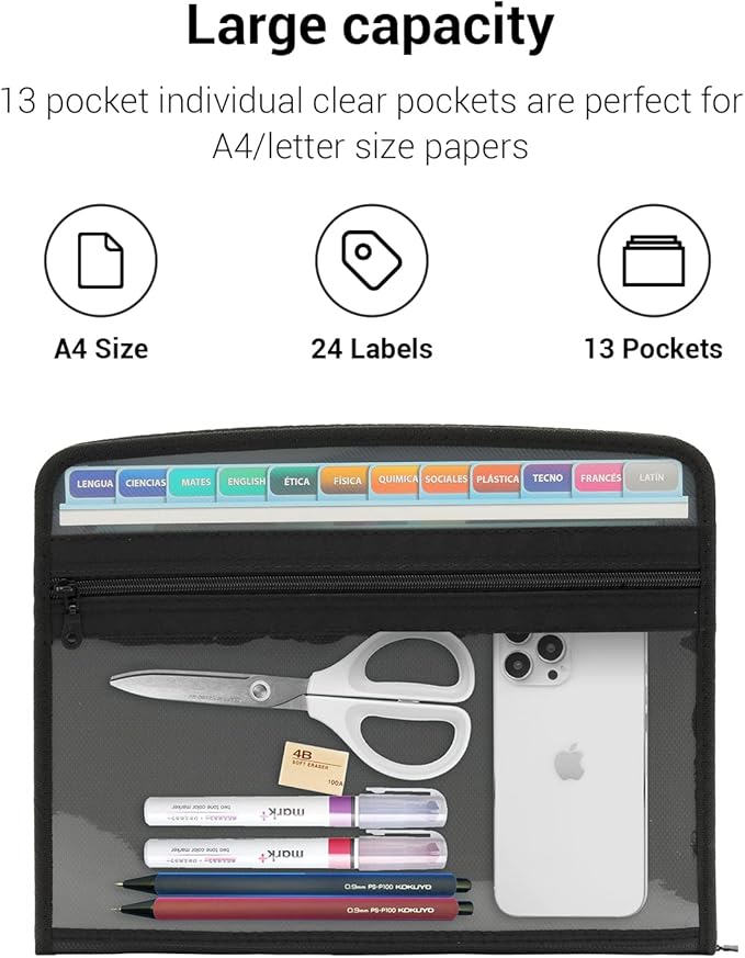 Mukawa 13 Pocket Expanding File Folder, Zippered Accordion File Organizer with Front Clear Pounch, Expandable Filing Folders for Documents, Papers Letter Size, Black