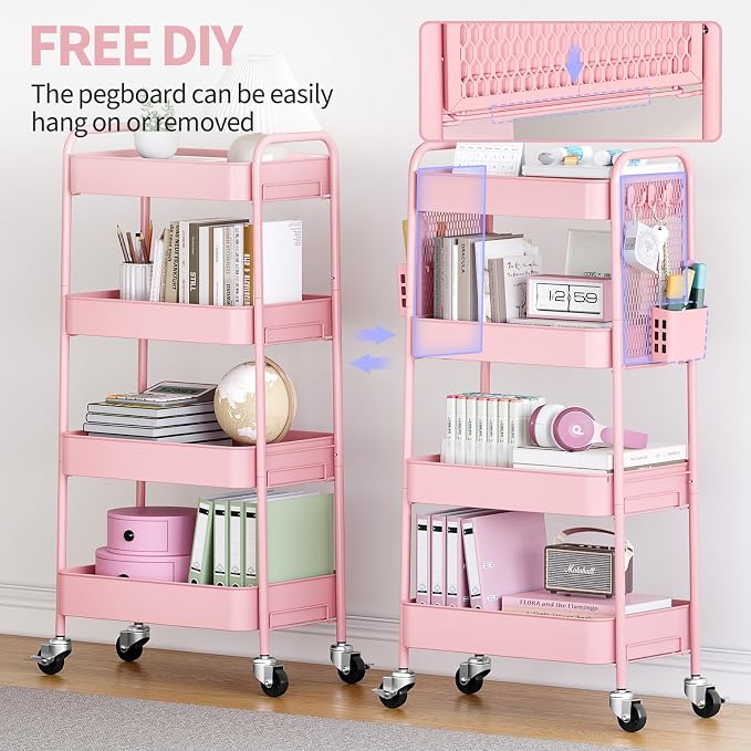 TOOLF 4 Tier Rolling Cart with Pegboard, Metal Storage Organizer Cart with Wheels, Hooks & Bins Esthetician Craft Art Sturdy Storage for Bathroom, Kitchen, Office, Nursery Diaper