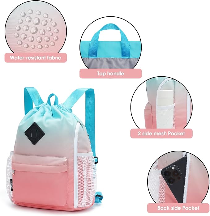WANDF Drawstring Backpack with Shoe Compartment, Sports Gym Bag | Multi-Pocket Storage, Water-Resistant Fabric, Cinch String Bag