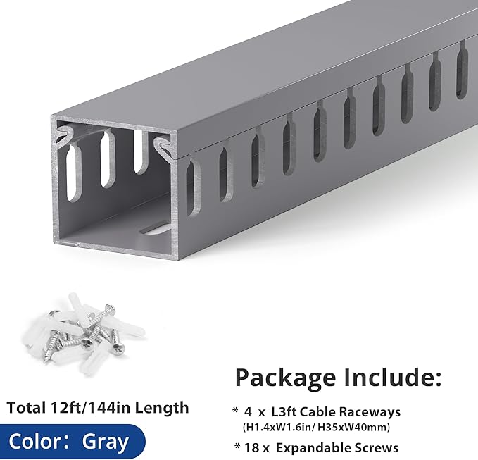 1.4"H x 1.6"W Cable Raceway, 12ft Under Desk Wire Management Channel, Grey | Slotted Wire Duct, 4 Pack (3 ft Each), Heavy-Duty PVC Cable Management for Server Racks, Network Cables & Electrical Cabinets