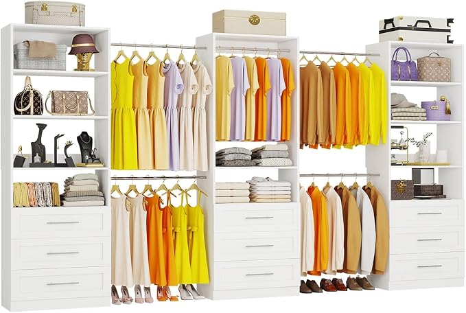 Closet System with 3 Sets, 6–20 FT Closet System with 9 Drawers, 9 Shelves & 7 Adjustable Hanging Rods, Max 244.3" Closet Organizer Systems for Walk-in Closets, Modular Custom Closet Tower, White