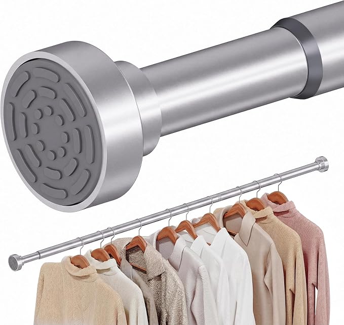 Closet Rod, No Drill Tension Closet Rod for Hanging Clothes, 17-69in,Silver | Quick Tool-Free Install, Non-Slip Rubber Ends Grip Securely, Heavy-Duty Rod Supports Up To 66 lb In Closet, Laundry Rooms, RV