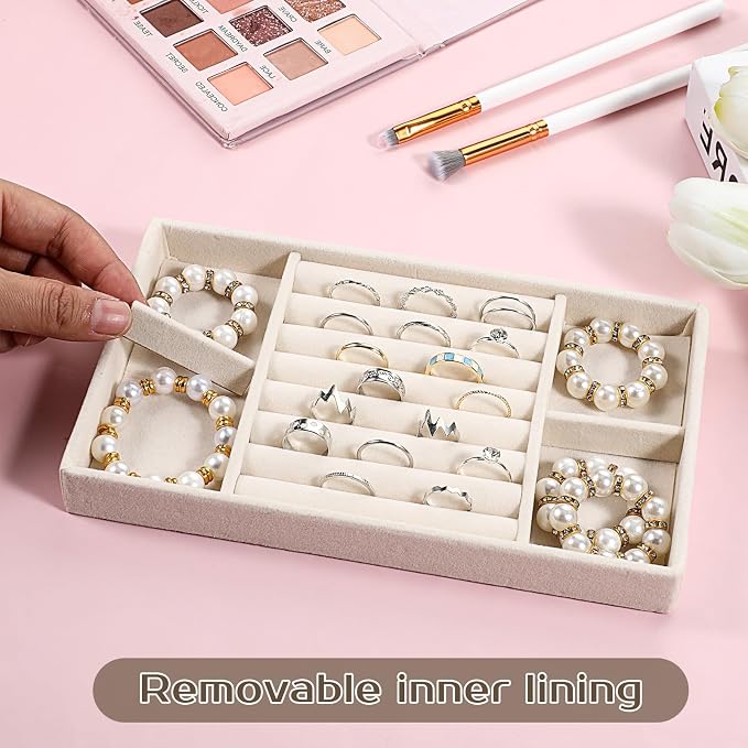 4 Pcs Stackable Jewelry Organizer Trays, 8 x 5 x 1 Inch Velvet Jewelry Trays Beige Jewellery Drawer Inserts Organizer Display Case Storage with Removable Dividers for Earring, Necklace, Rings