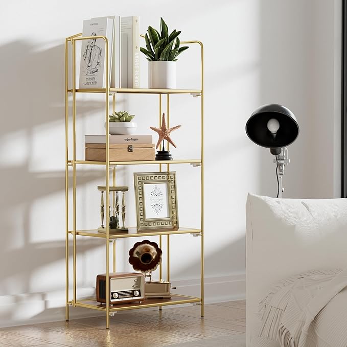 Crofy 4-Tier Foldable Bookshelf, Gold Frame & Walnut Shelves | No-Assembly Collapsible Portable Storage Organizer; Sturdy Walnut Finish Shelves; Ideal for Living Room & Home Office