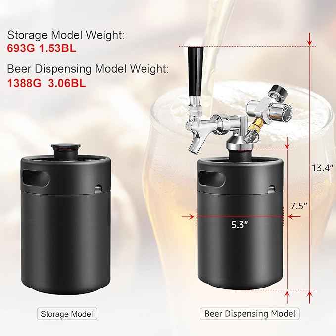 Mini Keg Growler Tap System, 64OZ Pressurized Stainless Steel Beer Keg, Durable Beer Dispenser System with CO2 Regulator & Self-Closing Faucet, Portable Beer Growler to Keep Fresh for Homebrew