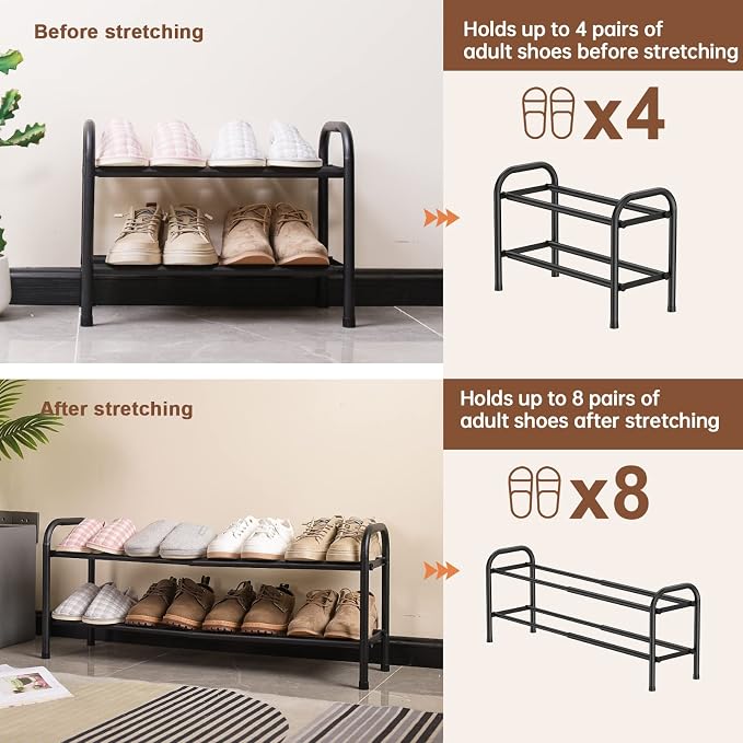 Gonfoam Expandable 2-Tier Shoe Rack for Closet and Entryway, Black | Tool-Free Assembly, Metal Material, Adjustable Shoe Organizer, Sturdy, Small Space Solution, Dorms, Garages, Apartments.