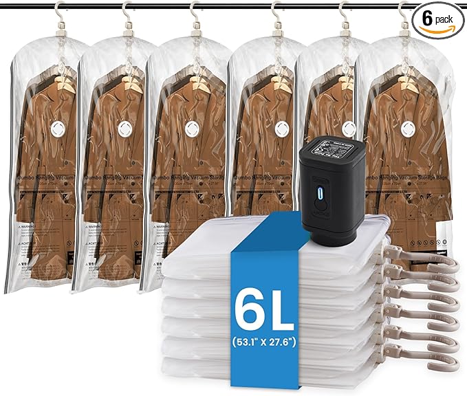 TAILI Hanging Vacuum Storage Bags with Electric Air Pump, Vacuum Seal Bags for Clothing Travel, Space Saving Hangers for Clothes, Coats, Suits and Jackets,Set of 6 (6 Long)