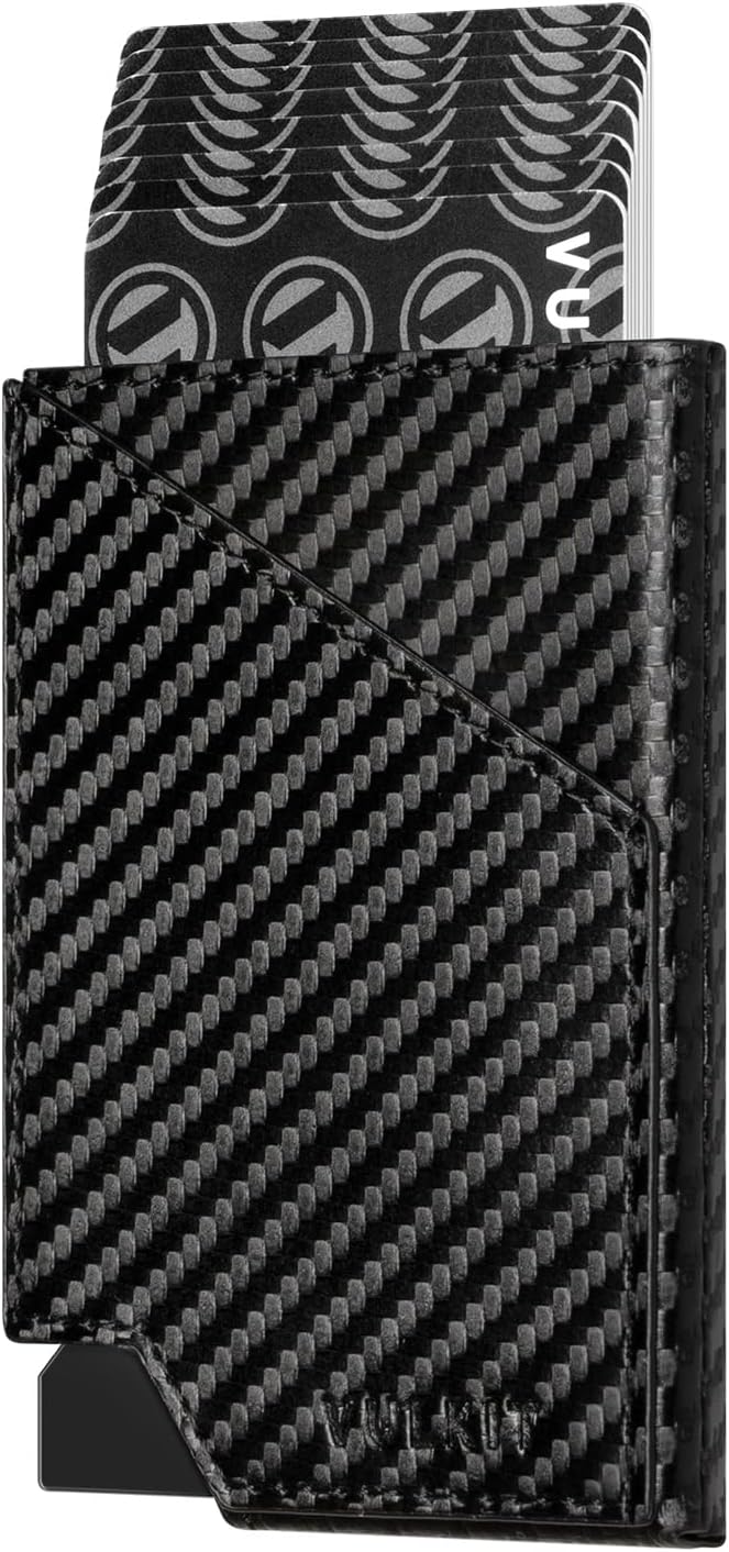 VULKIT Pop up Card Wallet RFID Blocking Slim Aluminum Metal Bank Card Holder Case with Business Money Pocket for Credit Cards Notes and Coins (Carbon Fiber Black)