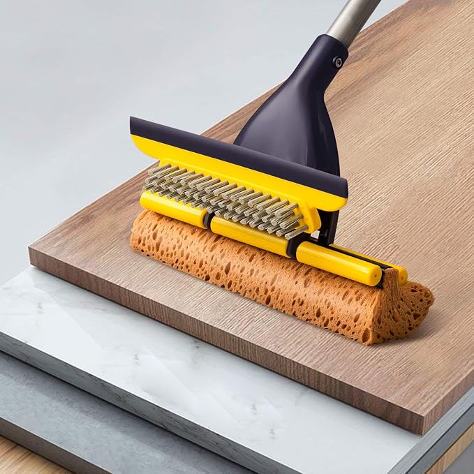 Yocada Sponge Mop Home Commercial Use Tile Floor Bathroom Garage Cleaning | Total 2 Sponge Heads NOT 3 Telescopic Handle Squeegee from 42.5 to 52 Inches Easily Dry Wringing only 2 Heads