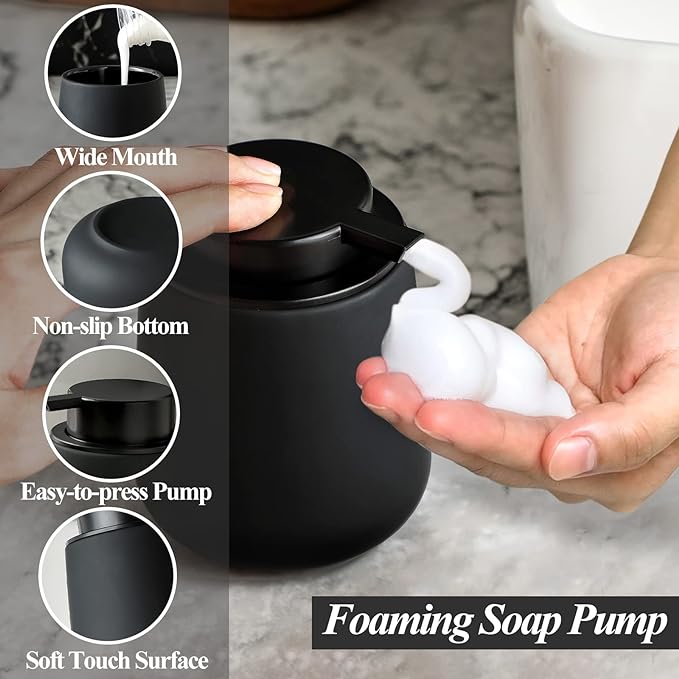 Bosilunlife 12Oz Ceramic Foam Soap Dispenser for Bathroom Kitchen Counter | Premium countertop foam pump creates delicate dense foam, stable desktop placement, Rubber Paint Black