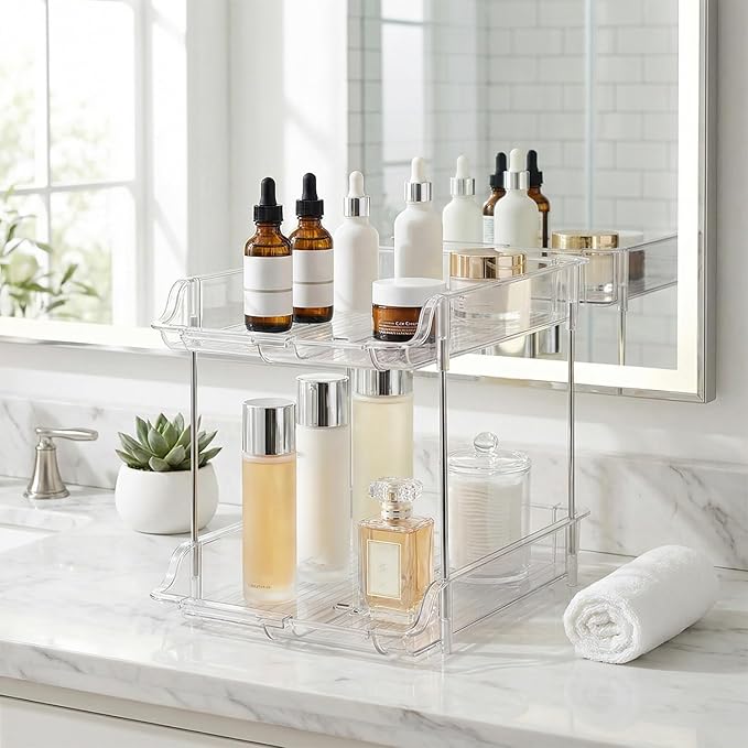 Expandable Cabinet Organizer Shelf, 2-Tier kitchen Counter Organization Shelves, Spice Rack,Clear Plastic Countertop Storage Rack for Makeup, Pantry, Cupboard, Bathroom, Desk Organization