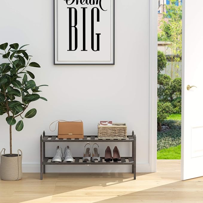 Dranixly Bamboo 2-Tier Shoe Rack Stackable Shelf Storage Organizer for Entryway, Hallway and Closet, 27.2"x11"x13.2" (Mocha)