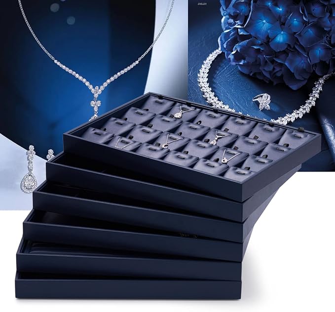 Oirlv Stackable Premium Leather Jewelry Trays 12 Grid Jewelry Drawer Organizer Trays Bracelet Earrings Watches Showcase Display Organizer