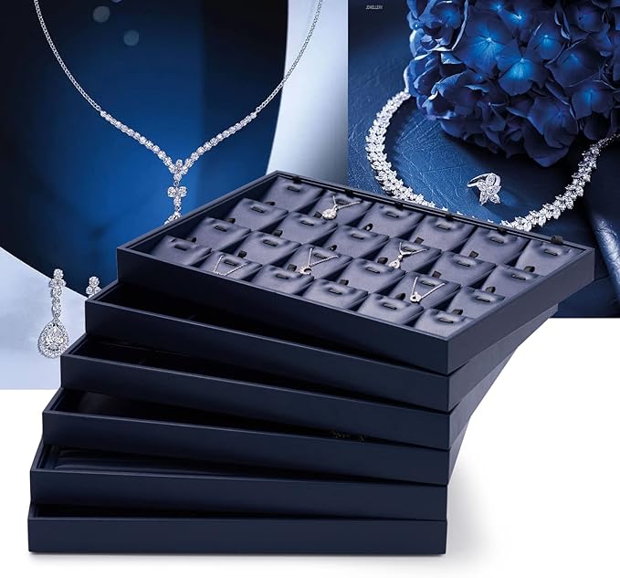 Oirlv Stackable 24 Gird Necklace Organizer Tray with Removable Jewelry Cards Necklace Pendant Jewelry Drawer Organizer Blue