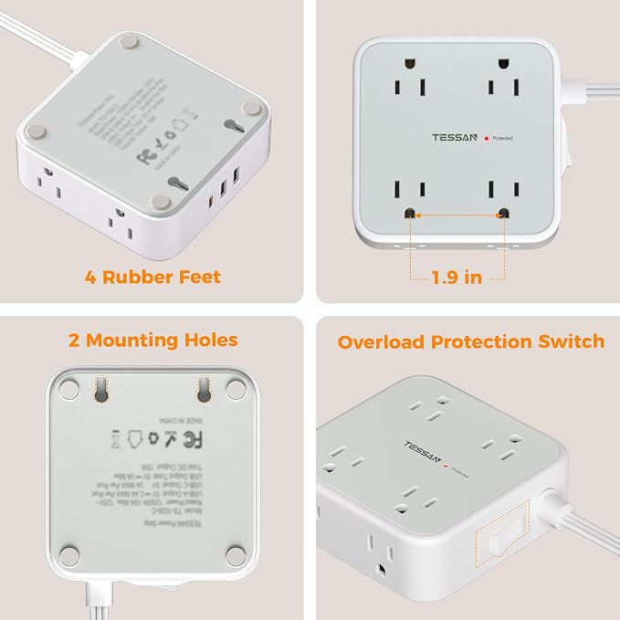 TESSAN Surge Protector Power Strip, 5 Ft Flat Plug Extension Cord with 3 USB (1 USB C 20W PD) 8 Outlets, 900J Protection, 3 Sided Outlet Extender with Power Switch for Office, Dorm Room, Grey