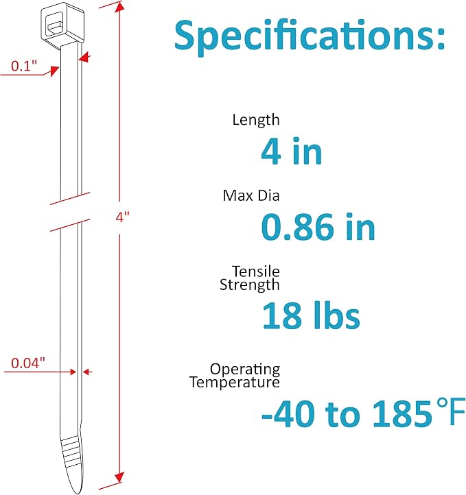 Zip Ties 4 inch, Small Zip Ties with 18 lb Tensile Strength, Black, 1000 Pack, by Tantti Supply