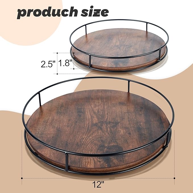 12" Rustic Brown Wood Lazy Susan,360° Decorative Turntable for Countertop