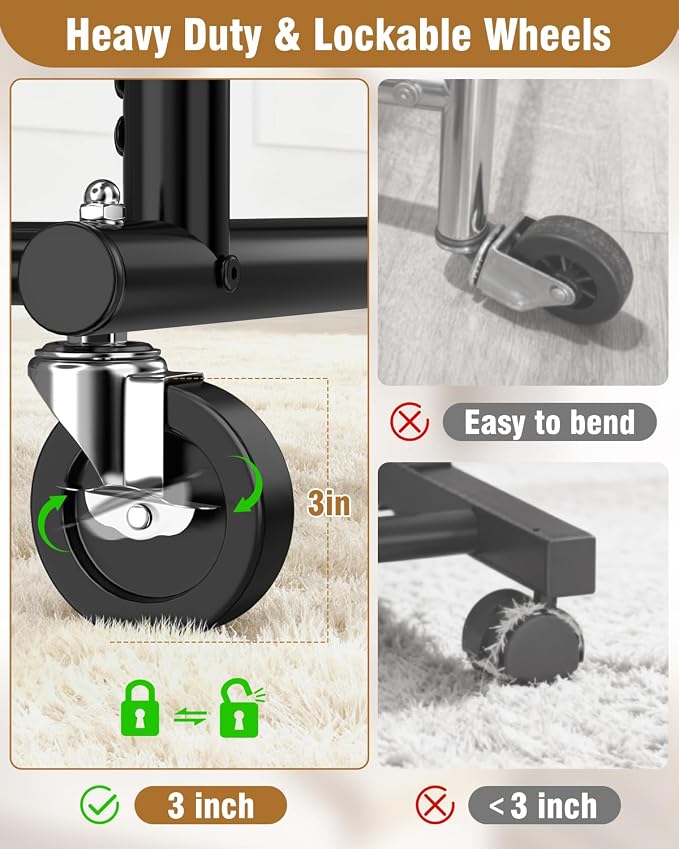 EAGMAK Heavy Duty Clothes Rack for Hanging Clothes Load 688 LBS, Height Adjustable Rolling Clothing Racks, Portable Metal Coat Rack Garment Wardrobe with Wheels and 3 Shelves for Bedroom, Black