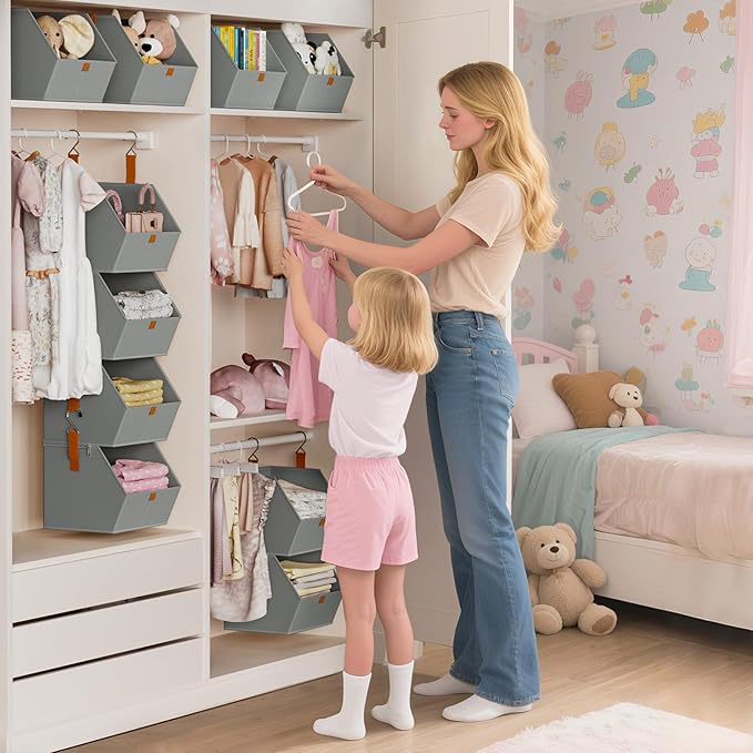 Homsorout Hanging Closet Organizer 4 Tier - Clothes Hanging Shelves, Space-Saving Closet System, Fabric Storage Bins Bedroom Organization, Collapsible Baskets for Home, Dorm, Rv, Grey, 8 Pack