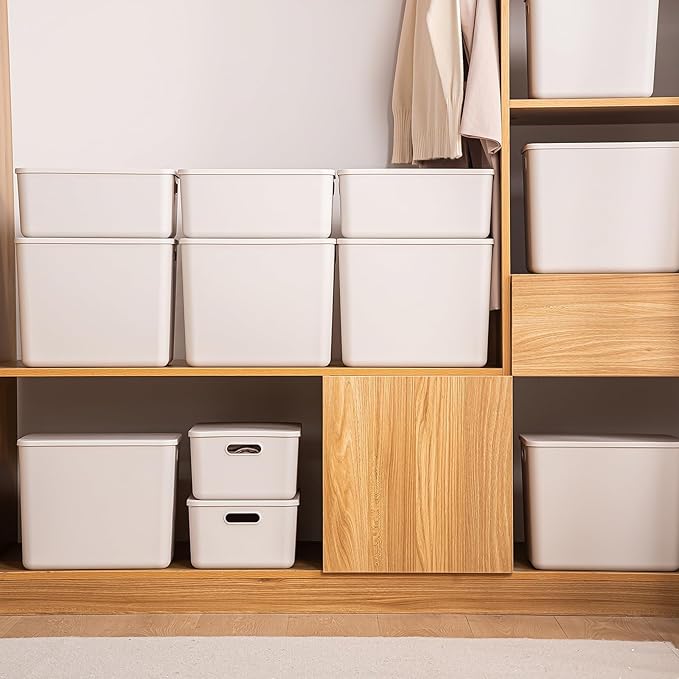 Plastic Storage Bins with Lid, White Stackable Storage Basket Organizer Box, Sturdy Containers Organizing Lidded Bins for Shelves, Cabinet, Desk, Pantry, Bedroom, Book, Toys (gray, 6XL+4M)