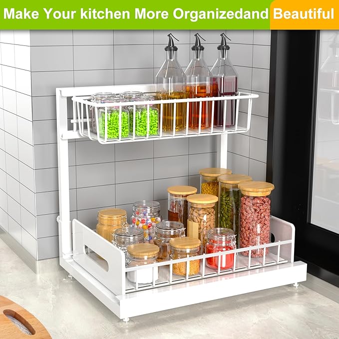 2 Pack Under Sink Organizer and Storage,Pull Out Cabinet Organizer 2 Tier Slide Out Sink Shelf Cabinet Organizer Adjustable Metal Under Counter Organizers for Kitchen Bathroom Organization（White）