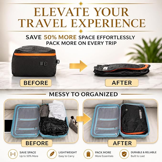 40L Premium Travel Vacuum Bags with Pump, 270° Open Carry on Suitcase Compression Bags for Luggage, Reusable TPU Zipper Seal, Vacuum Bags for Travel with Pump, 2 Pack Compression Kit, Straps & Tracker