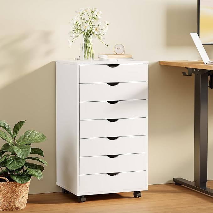 Sweetcrispy 7 Drawer Rolling Storage Cabinet, Wood Under Desk Mobile Dresser with Wheels, Small Organizer Chest for Home Office, Bedroom, Rolling Vertical Organizer for Home Office, White