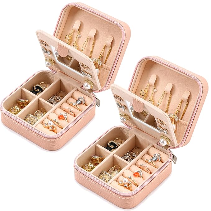 Neveika Jewelry Box with Mirror,Small Jewelry Organizer Box，Travel Jewelry Case for Women，Gift Jewelry Boxes for Female Girls (2pcs mirror pink)