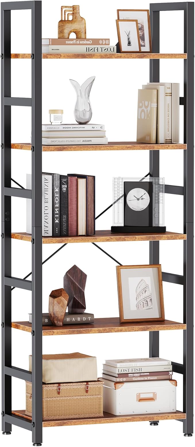 DUMOS 5-Tier Bookshelf, Modern Tall Bookcase Book Shelf | Open Storage Display Shelf for Living Room, Bedroom, Home Office, Narrow Standing Shelving Unit for Books, CDs Rustic Brown