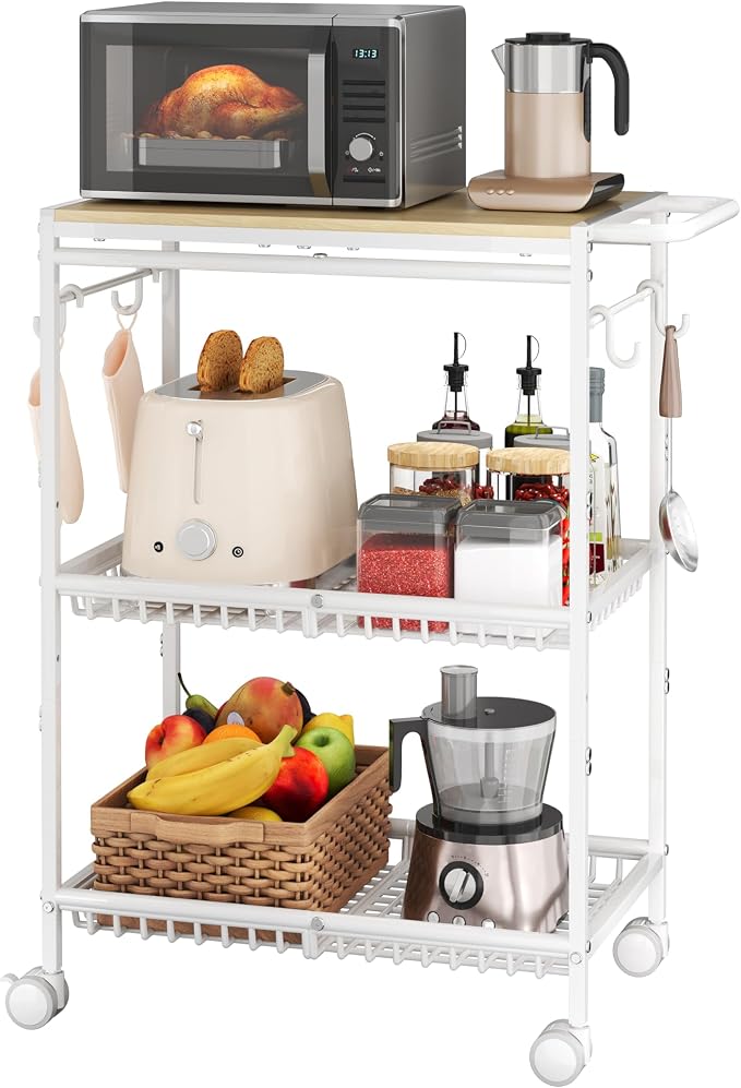 Microwave Kitchen Cart, White Kitchen Shelf with Push Handle, 3 Tier Rolling Microwave Table Stand with 2 Lockable Wheels for Bakers Rack, Kitchen Island, Small Coffee Station