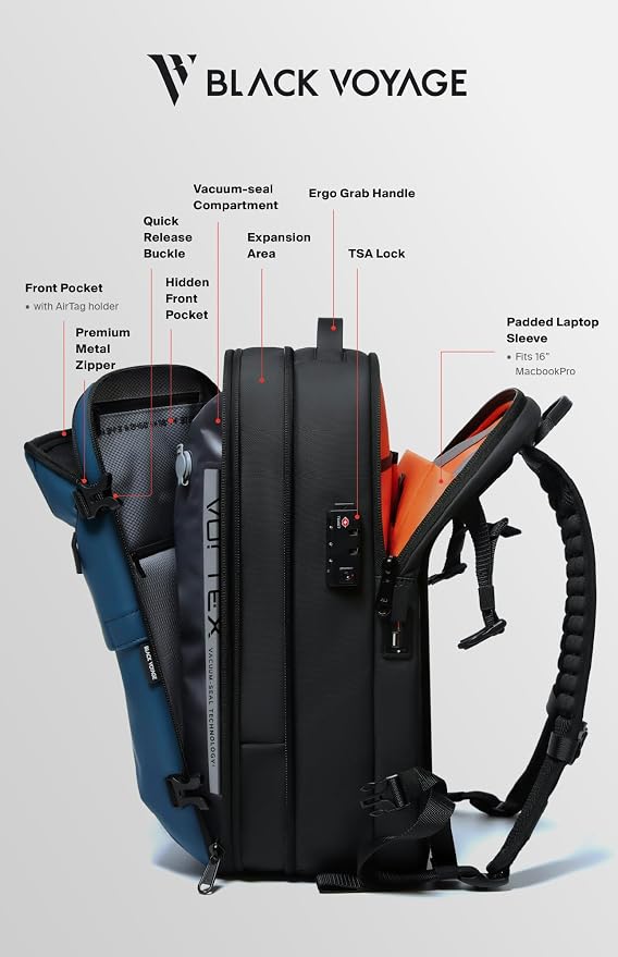 BlackVoyage Vortex Vacuum Seal Travel Backpack 60L Expandable Air Compression System Water Resistant TSA Lock Carry-On