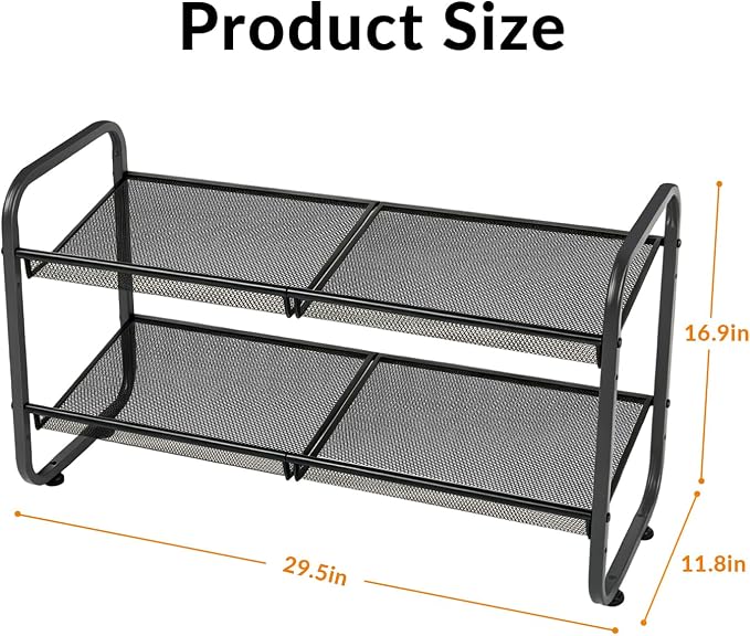 2 Tiers Metal Shoe Rack for Entryway Closet Hallway Bedroom Garage | Shoe Storage Organizer, Mesh Shoe Shelves, Freestanding, Stackable, Adjustable, Rustproof Black