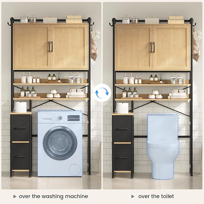 Over the Toilet Storage Cabinet with Doors, 2 Large Drawers & 6 Hooks, Over the Toilet Organizer with Toilet Paper Holder, Over the Toilet Storage for Bathroom, Laundry Room, Natural