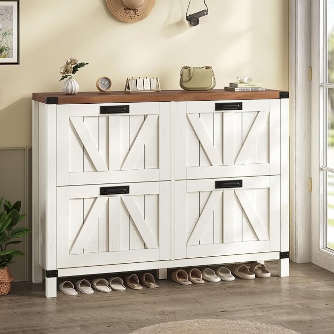 YOMILUVE Shoe Storage Cabinet with 4 Flip Drawers, Farmhouse Shoe Cabinet for Entryway, Slim Shoe Rack Freestanding Shoe Organizer with Barn Door, Brown and White