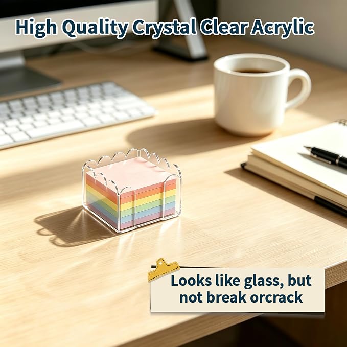 2-Pack Acrylic Sticky Note Holder Set, Scalloped & Straight Edge Design, 3x3 Inch Clear Notepad Dispenser, Cute Desk Organizer for Office Supplies, Home & Dorm Desk Decor