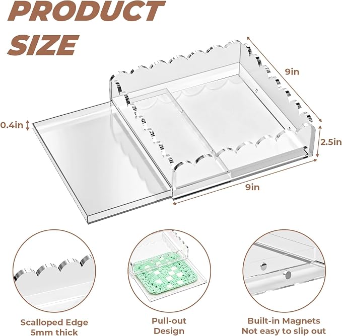 Acrylic Tray for Needlepoint Insert, 9 x 9 Inch Large Clear Scalloped 5MM Acrylic Decorative Tray with Upgraded 2 Magnets Drawer for Display Photos Fabrics Square Organizer Tray for Home Decor Gift