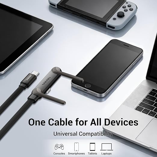 3 Pack Invisible Holder Charger Cable, 240W PD Fast Charging Cable for Desk, USB-C to USB-C & Light-ning Cable 4.9 FT with 360° Adjustable Metal Stand, 2 in 1 Holder Charger for Gaming, Office, Home