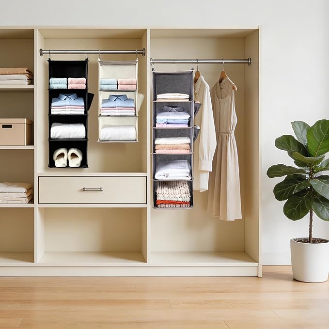 BOOMIBOO Hanging Closet Organizer and Shelves, 4 Shelves with 1 Side Pockets, Foldable, Grey Fabric, Modern Style, for Bedroom and Dorm Room (Black)