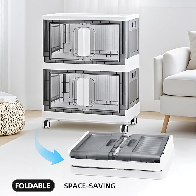 Folding Storage Organizer with Silent casters | Stackable Design for Home & Office, Heavy-Duty Plastic Storage Bin with Clear Door, 3 Sizes (19.5/23.5/27.5in),Black/White (23.6" 3 layer, White)