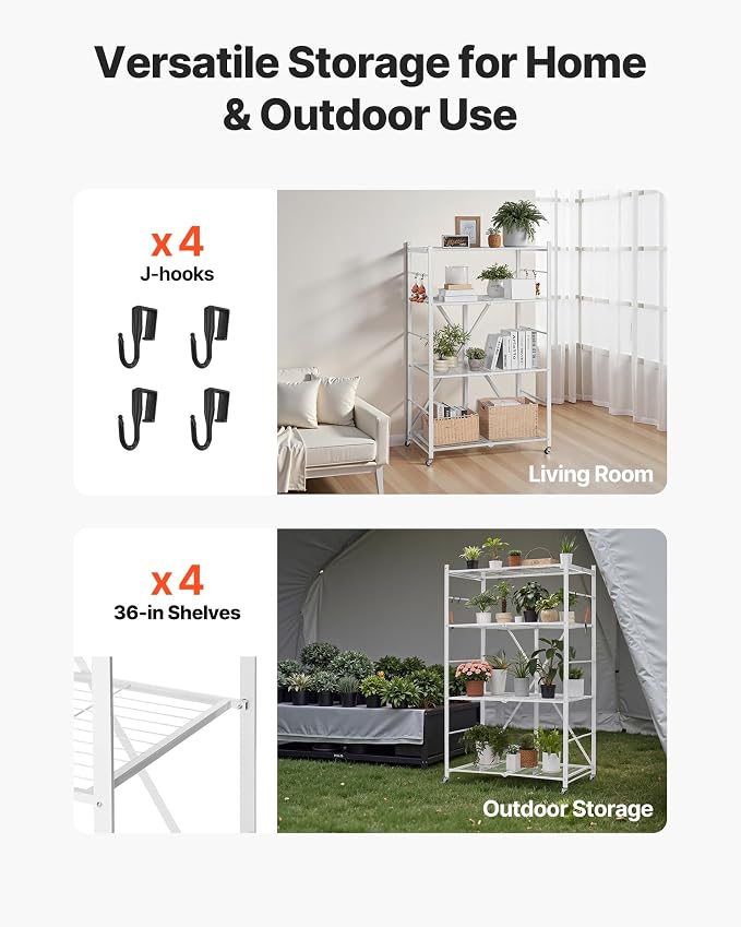 VEVOR 4-Tier Foldable Storage Shelf, 36W x 21D x 60 H Inch Folding Metal Rack Shelving Unit, No Assembly Organizer Shelf with 5 Wheels & 4 Hooks for Pantry, Kitchen, Garage, Basement, White