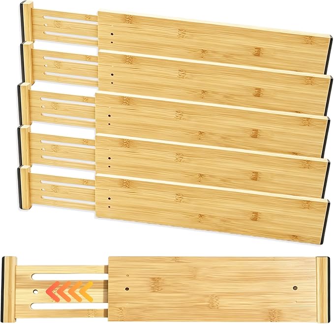 Joyeee Kitchen Drawer Dividers 6 Pack, 16.4-22.2" Adjustable Bamboo Drawer Organizer, 4" High Expandable Utensils Separators for Closet, Dresser, Bathroom, Bedroom, Office