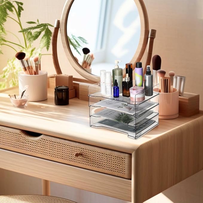 DoubleFill 12 Pcs Stackable Letter Tray Rectangular Plastic Desk Organizer 13 x 9.5 x 2.6 in Paper Holder File Tray Accessories Rack for Desktop Office Desk Drawers (Clear)