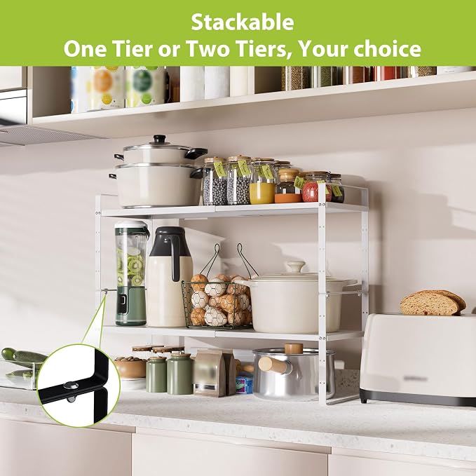 Expandable Cabinet Shelf Organizer Rack, Stackable Kitchen Counter Storage Shelves Stand, Adjustable Height Pantry Shelf Spice Rack (White-2 Pack, 8.7" D x 15.4-26.8" W x 9.8" H)